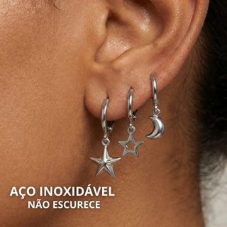 Trio de Brincos Argolinha Aço Inoxidável Cirúrgico Lua e Estrela Não Escurece Hipoalergênico em Oferta na Shopee