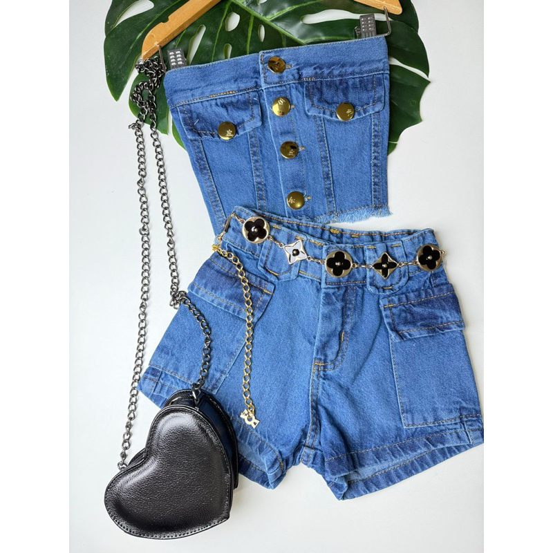 Conjunto Jeans Infantil Feminino Top e Short com Cinto Moda Menina 2 a 12 Anos