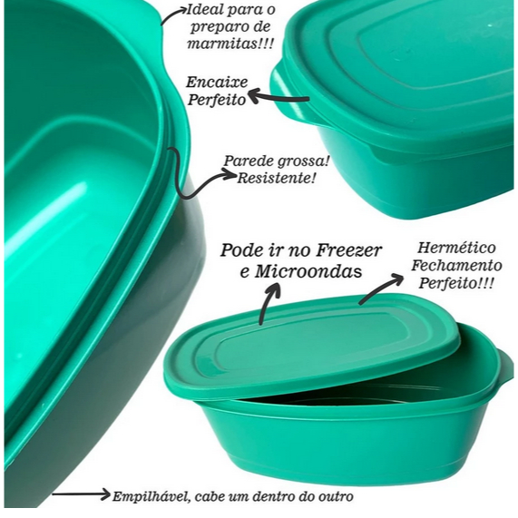 Kit Pote Plástico Oval 1600ml – Verde, Verde Claro, Preto, Azul Petróleo, Rosa e Vermelho/ Tupperware