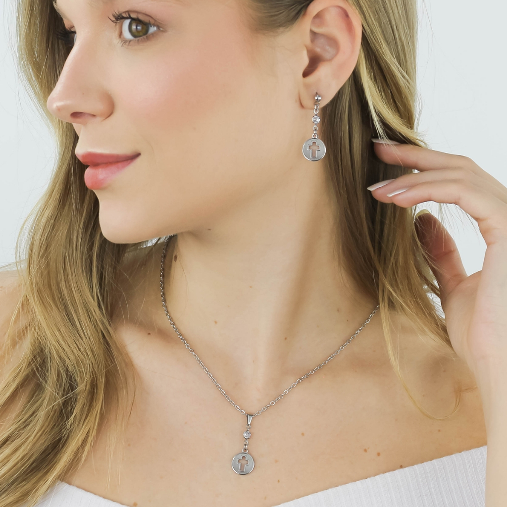 Conjunto Feminino Brinco Corrente Pingente Cruz e Zircônia Cristal Aço Inoxidável Antialérgico
