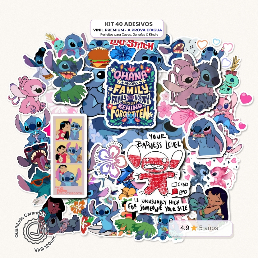 Kit 40 Adesivos STITCH – Stickers Vinil à Prova D’Água | Lilo & Stitch | Papelaria Criativa Ohana