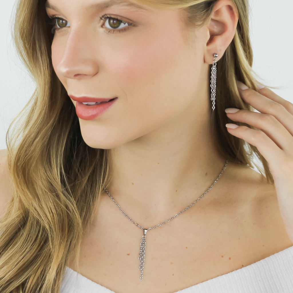 Conjunto Feminino Brinco Colar Pingente Corrente Pendurada Tipo Franja Aço Inoxidável Antialérgico