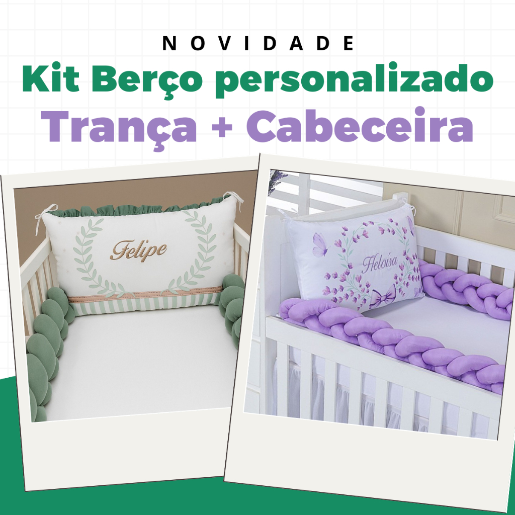 Kit Berço Padrão Americano ou Mini berço personalizado nome Travesseiro + trança Enviar nome no chat em Oferta na Shopee