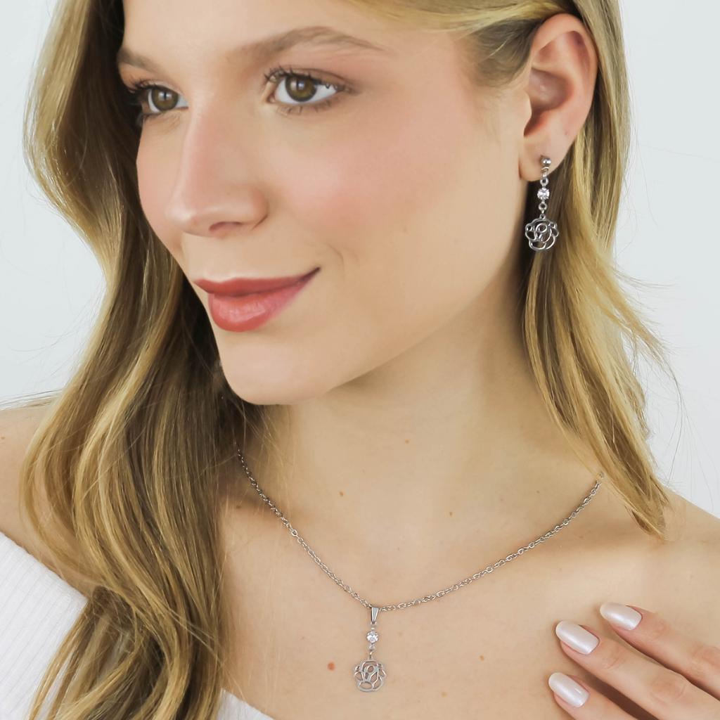Conjunto Feminino Brinco Corrente Pingente Flor Rosa Aço Inoxidável Antialérgico Pode Molhar
