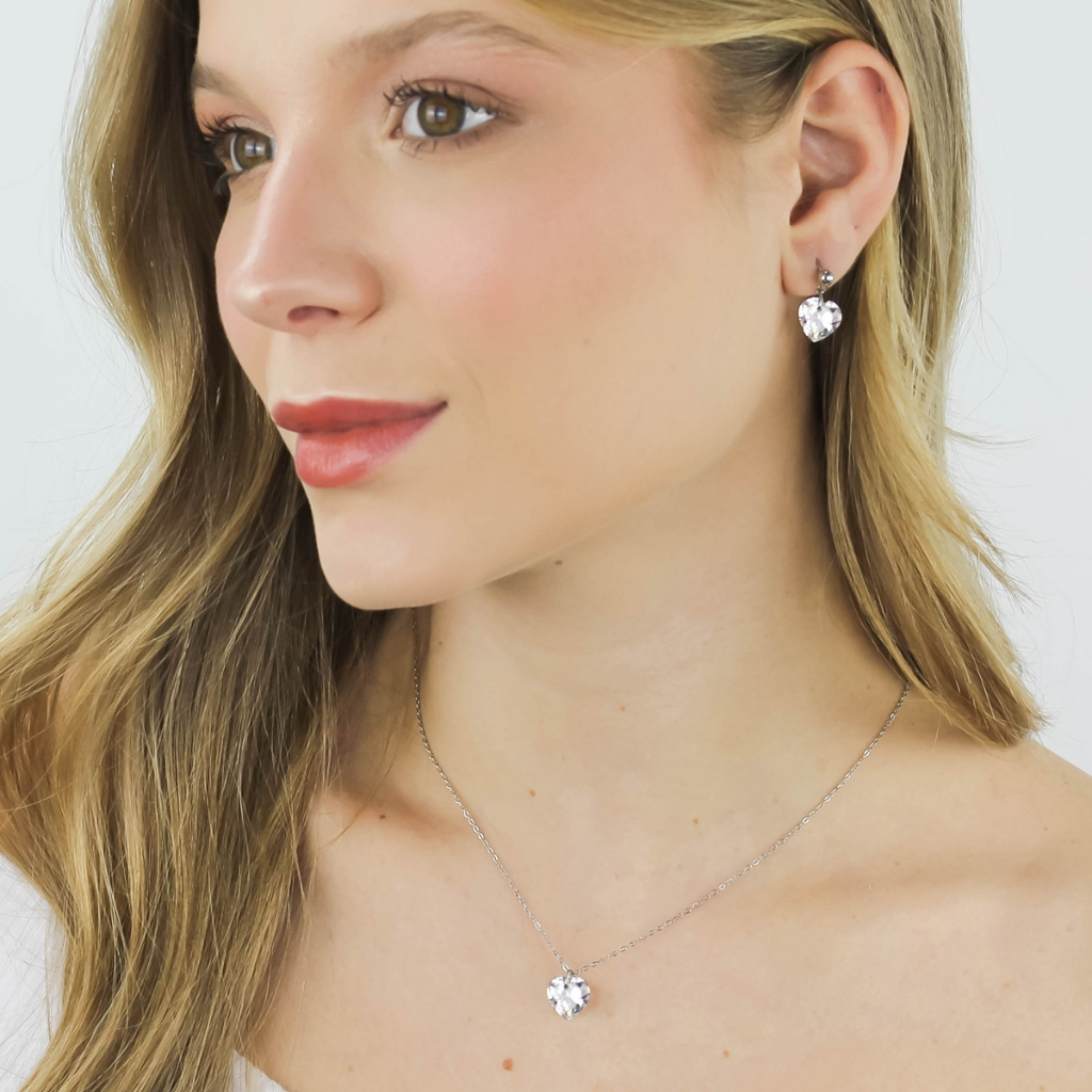 Conjunto Feminino Brinco Corrente Pingente Zircônia Coração Cristal Aço Inoxidável Antialérgico