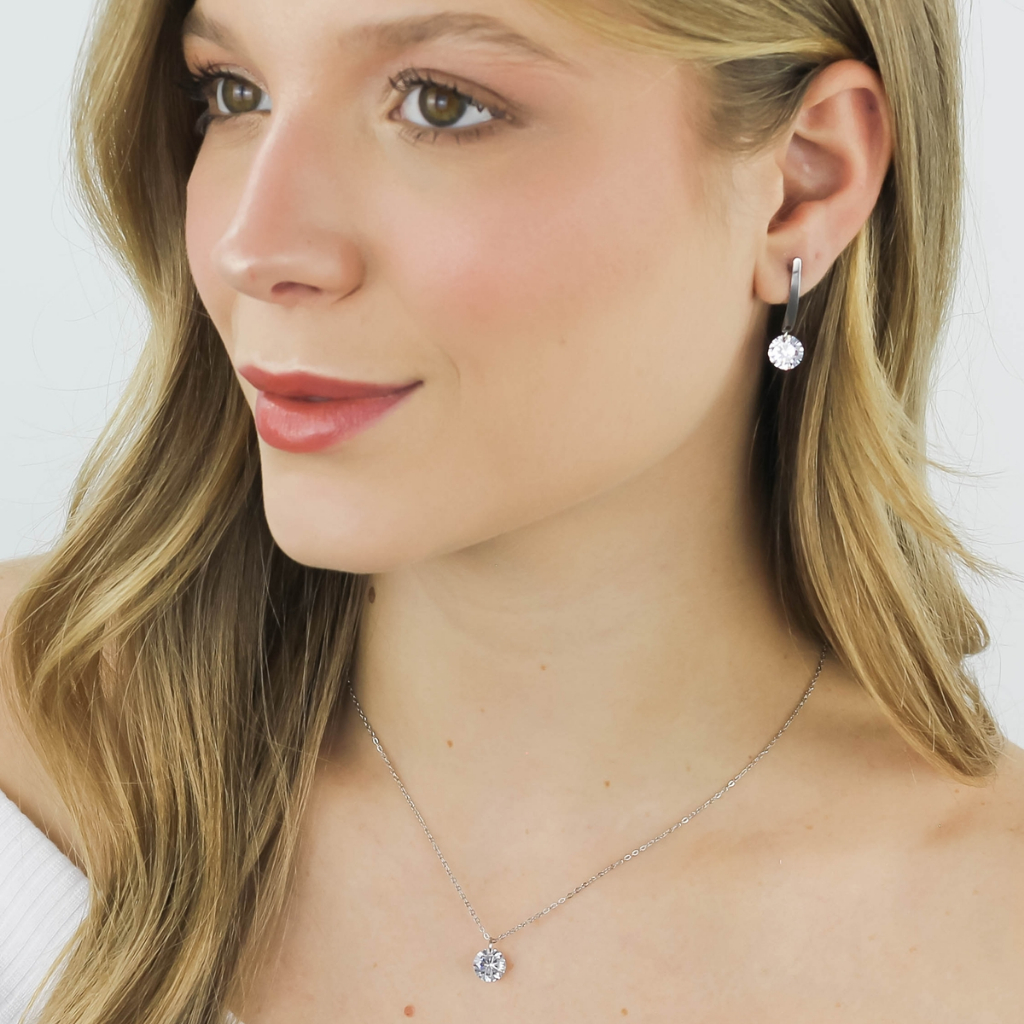 Conjunto Feminino Brinco Colar Pingente Ponto de Luz Aço Inoxidável Antialérgico Pode Molhar