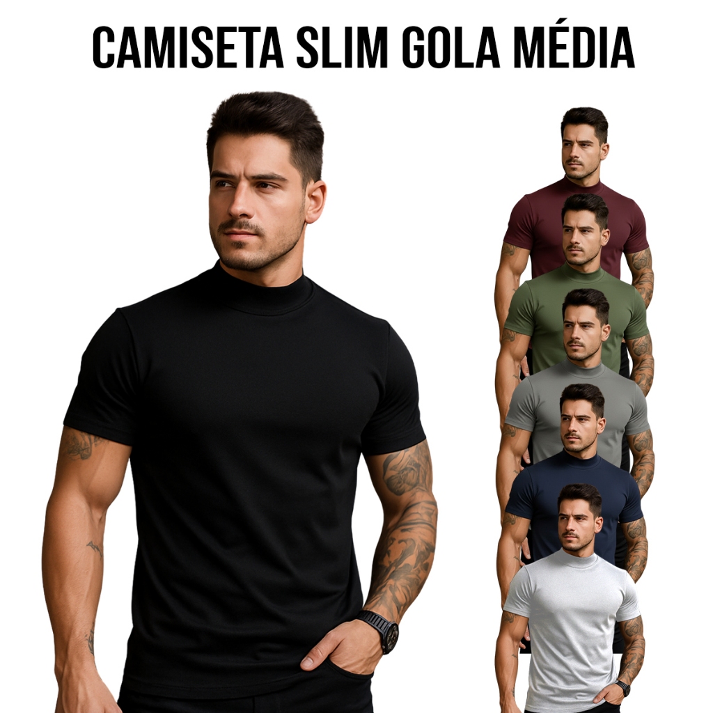 Camiseta Masculina Slim Fit Gola Média Básica Algodão Premium Casual Elegante Confortável em Oferta na Shopee