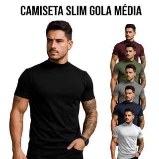 Camiseta Masculina Slim Fit Gola Média Básica Algodão Premium Casual Elegante Confortável em Oferta na Shopee
