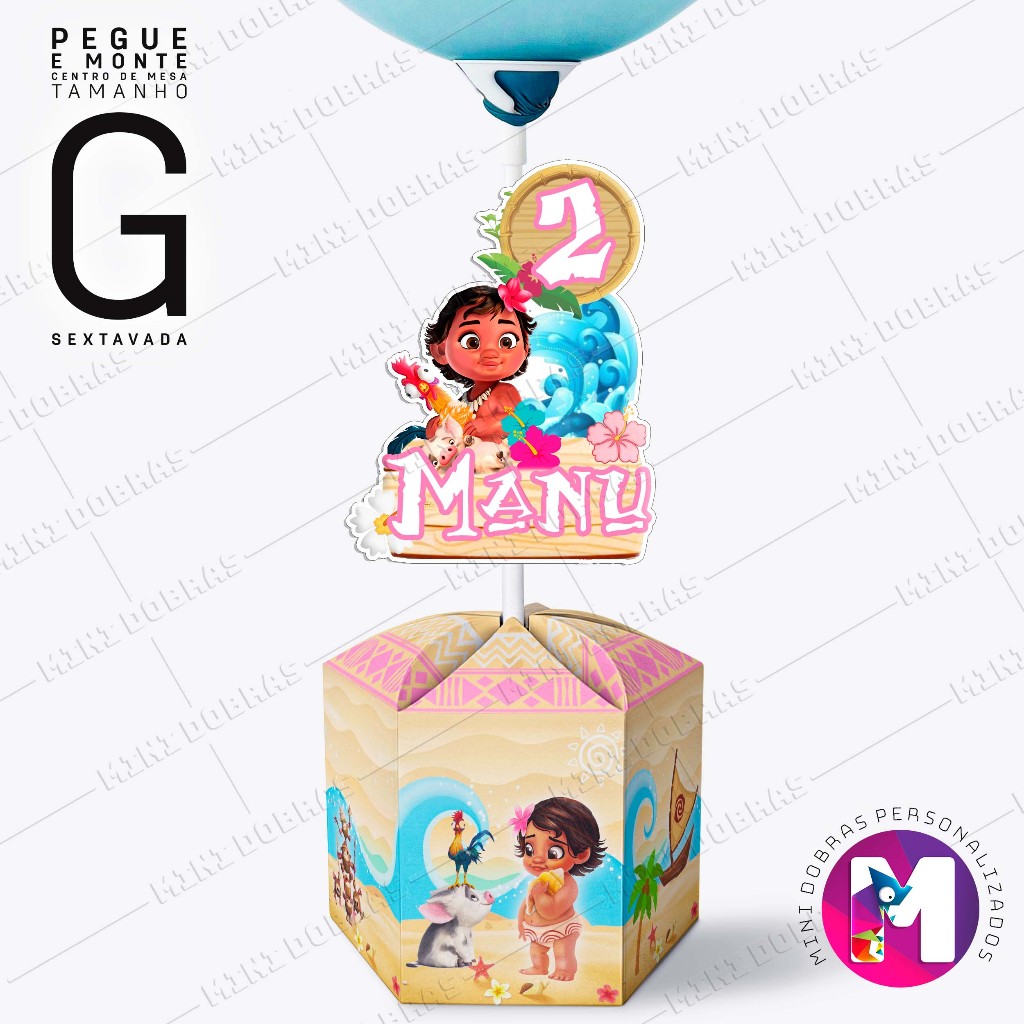 Centro de Mesa MOANA BABY - Caixa Sextavada - Tamanho G - Personalizado (PEGUE E MONTE)