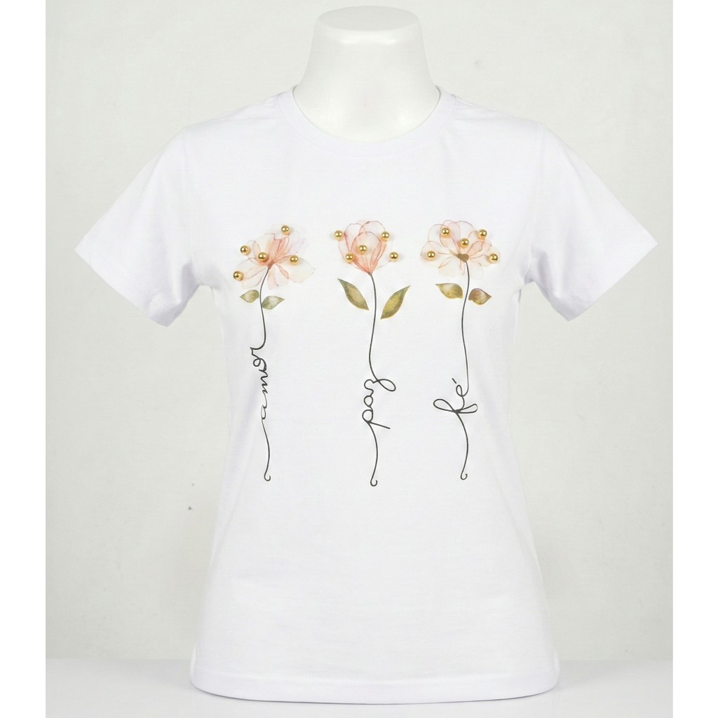 T-shirt Feminina Verde Menta Estampa Gentileza Amor Gratidão com Pérolas - Malha Confortável