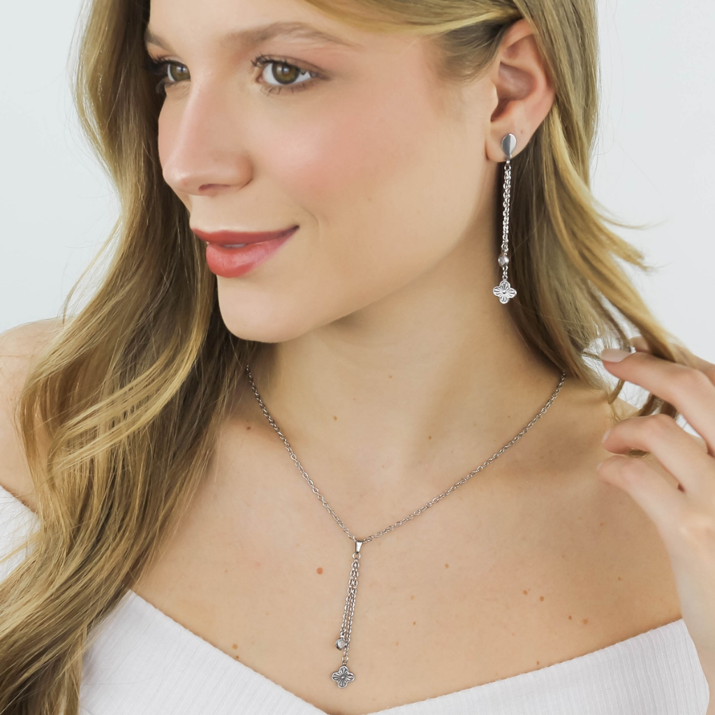 Conjunto Feminino Brinco Corrente Pingente Trevo e Zircônia Aço Inoxidável Antialérgico Pode Molhar