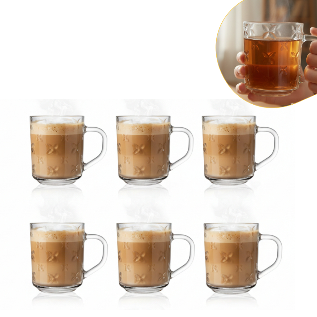 Jogo Com 6 Canecas Borboleta Vidro 250ml Chá Café Leite Bebida Suco Água Jogo Cozinha Flores