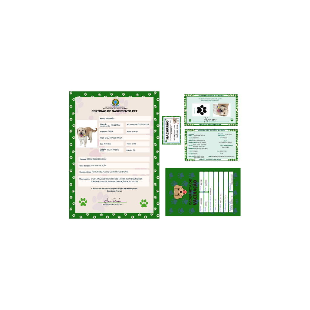Documento pet - Certidão de nascimento pet  +  RG pet + Caderneta de vacinação pet + Tag identificação para coleira