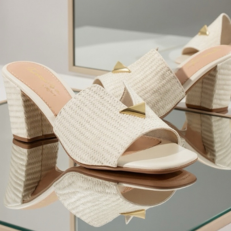 Tamanco Feminino Preto Salto Bloco – Design Trançado com Detalhe Dourado Luxo 2025 em Oferta na Shopee