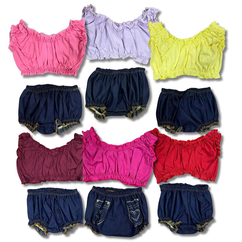 Conjunto Cropped com Shorts jeans Tapa Fralda - 0 a 12 meses.