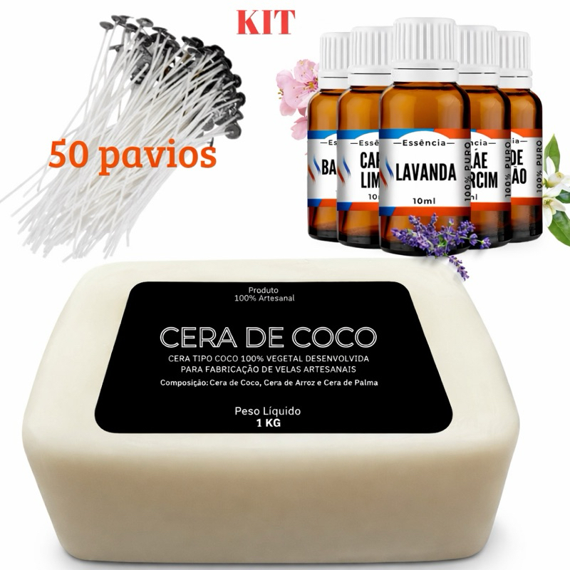 Cera de coco 1kg + Essência Premium 10ml + 50 Pavios para velas