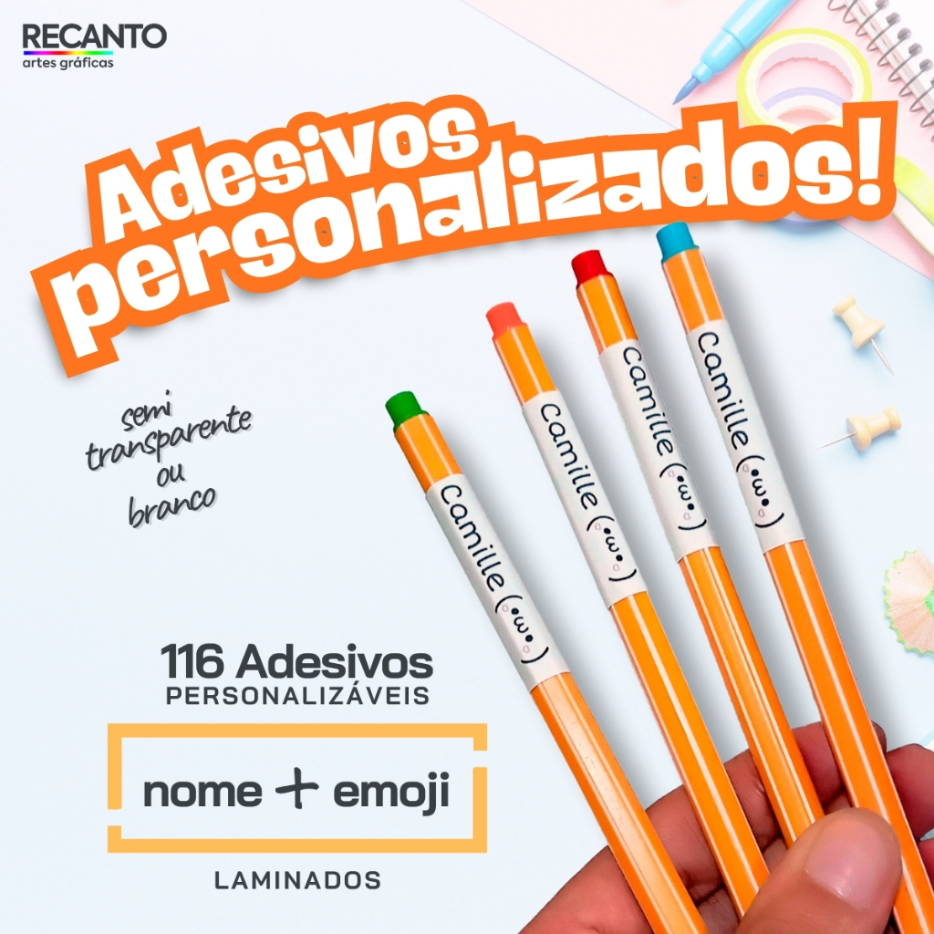 Adesivos Personalizados com Nome e Emoji | Vinil Laminado à Prova d'Água | Material Escolar e Creche