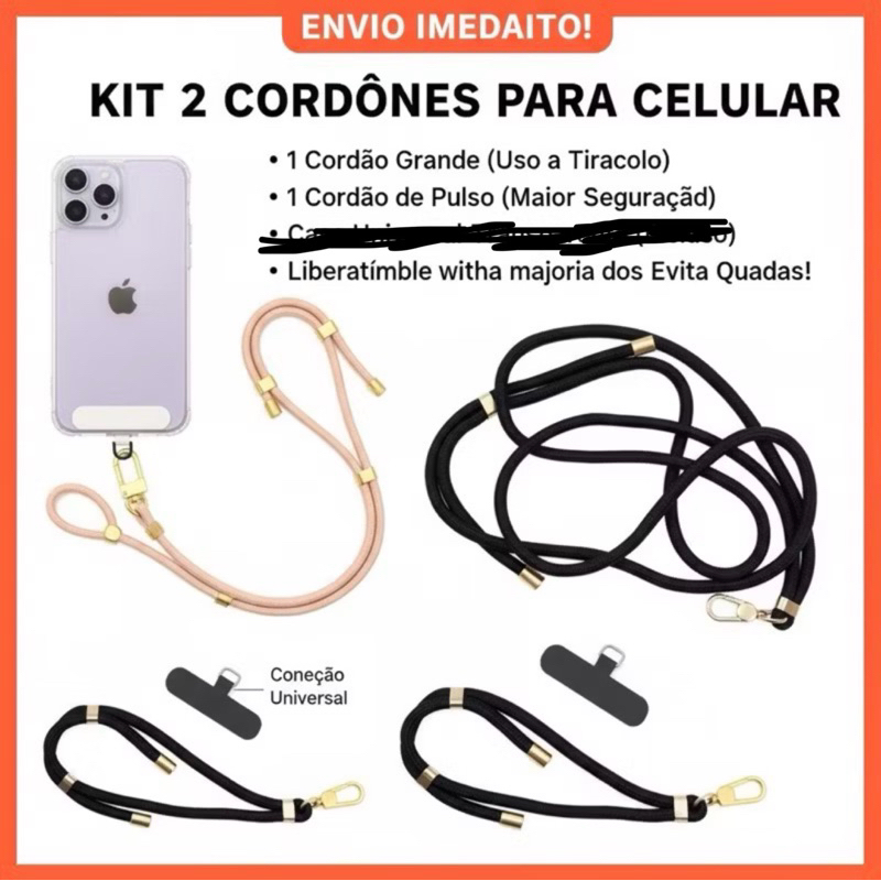 Kit com 2 Cordões para Celular 1 Pulso e 1 Pescoço Ajustável Antiperda de Segurança Universal para iPhone e Android