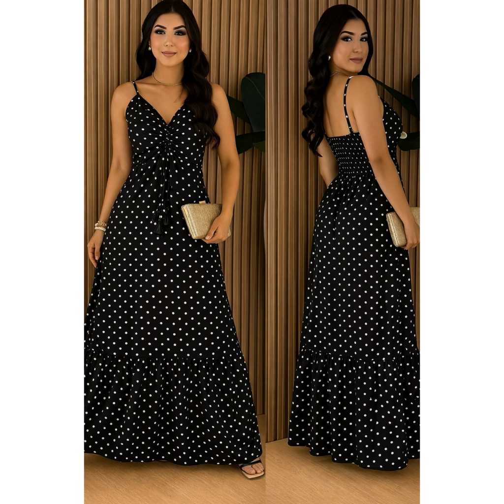 VESTIDO FEMININA LONGO BERSATIL alça posei bojo y ilastex em lãs costas tecido viscose sarilhado em Oferta na Shopee