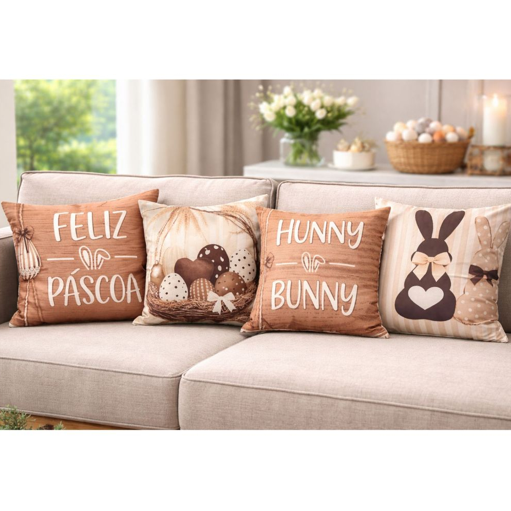 kit jogo 4 capas de almofada páscoa coelho decorativa 45x45 zíper tecido resistente em Oferta na Shopee