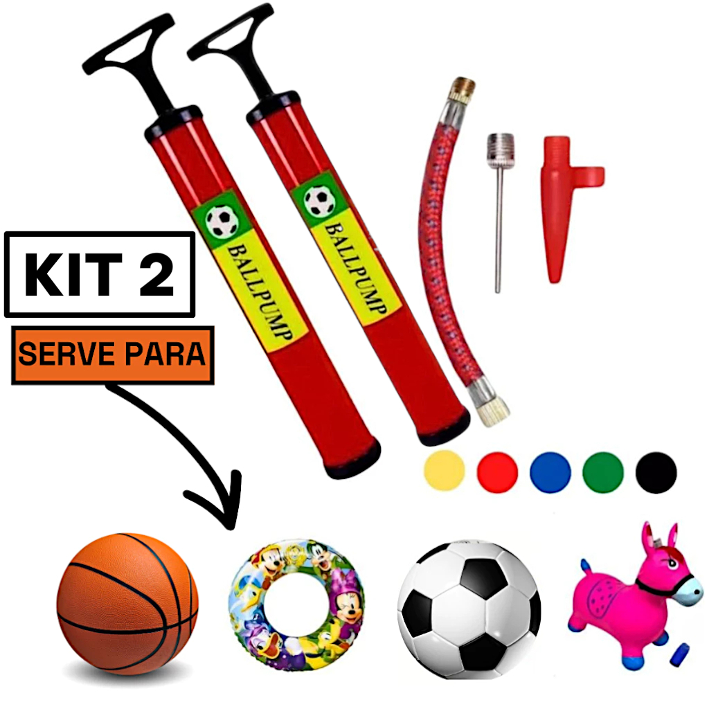 Kit Bomba de Ar Manual Portátil p/ Futebol Vôlei Basquete Boia Colete com Bicos
