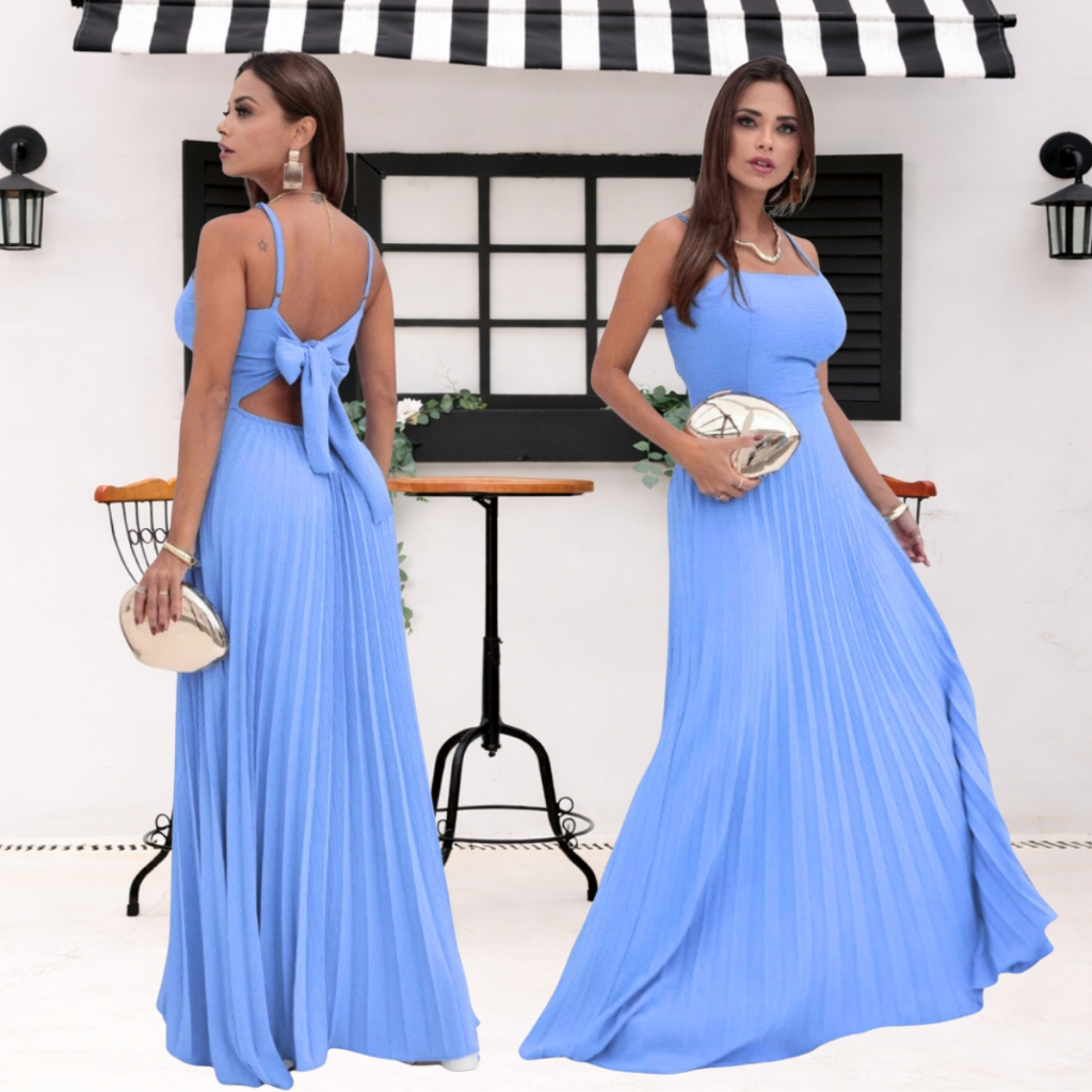Vestido  Plissado Alças Regulável Forrado Com Bojo