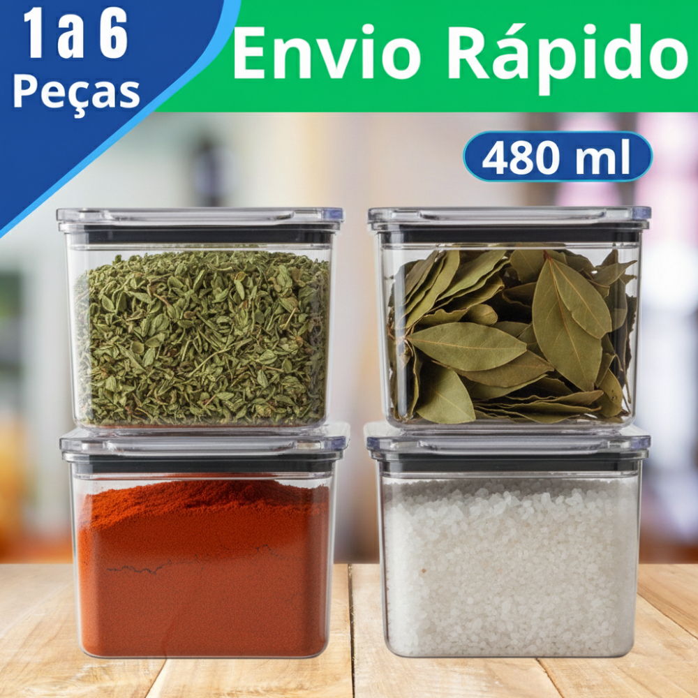 Kit 1 a 6  Potes Herméticos Acrílico 480ml Vedação Silicone Quadrado Organizador Cozinha em Oferta na Shopee