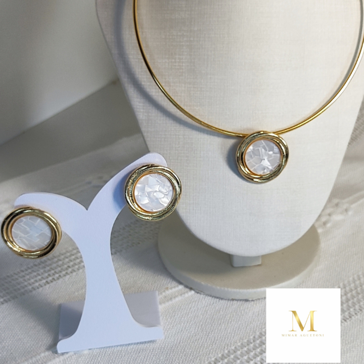 Kit Colar Choker + Brinco Feminino Dourado Semijoia Banhada a Ouro Prata Elegante