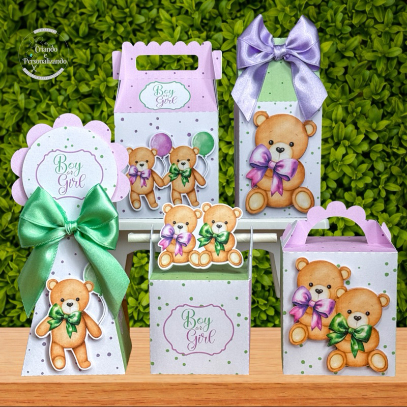 Kit Festa Chá Revelacao GÊMEOS  Personalizado com Nome  | Ursinho | Lembrancinhas | Caixinha | Luxo | Pegue Monte