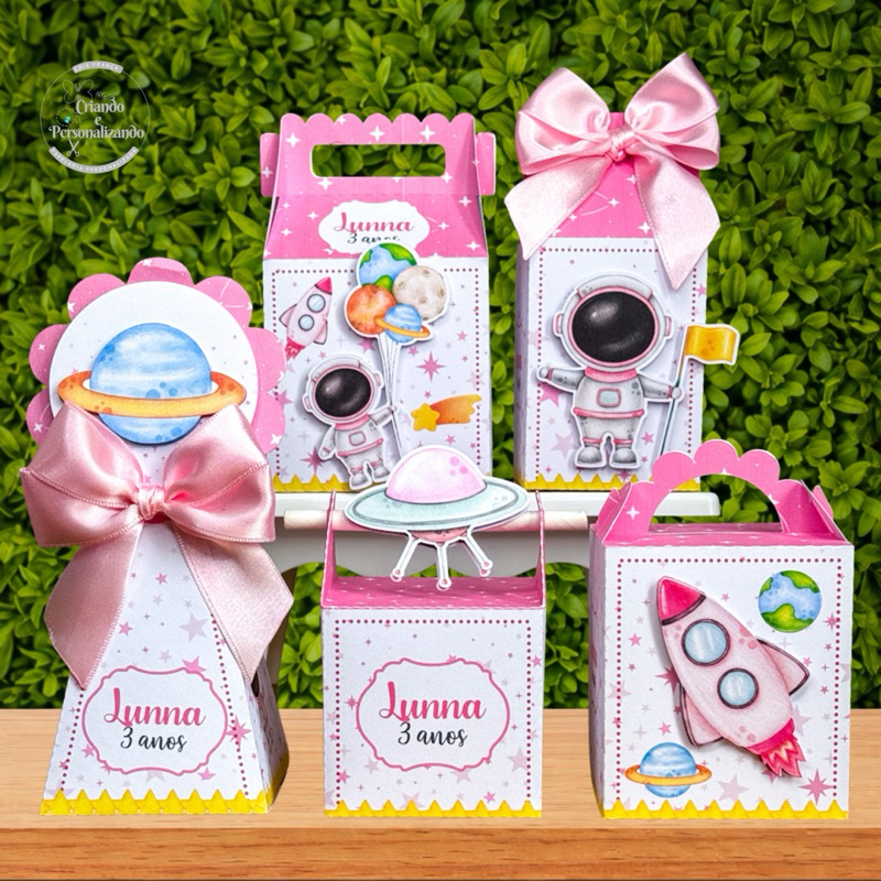 Kit Festa Astronauta Menina Rosa | Personalizado com Nome   | Lembrancinhas | Caixinha | Luxo | Pegue Monte