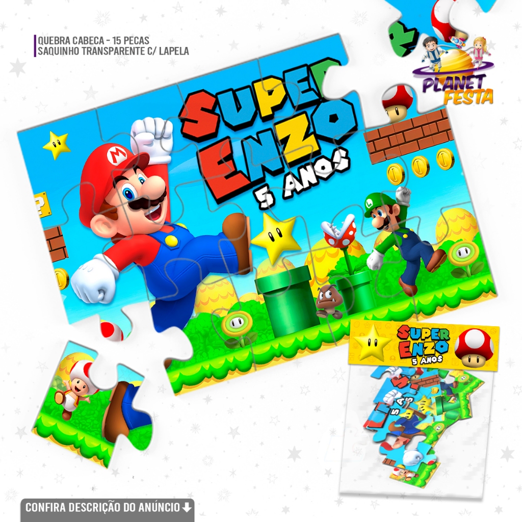 Quebra-Cabeça Personalizado Mario Bros | Lembrancinha de Aniversário 15 Peças
