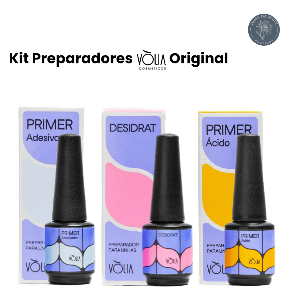 Kit Volia Preparador Unha Desidrat 9ml + Primer Com Acido 10ml + Primer Adesivador Sem Acido Original Imediato