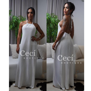 Vestido Longo Feminino Elegante com Amarração  no Pescoço costa nua Festas madrinhas em Oferta na Shopee