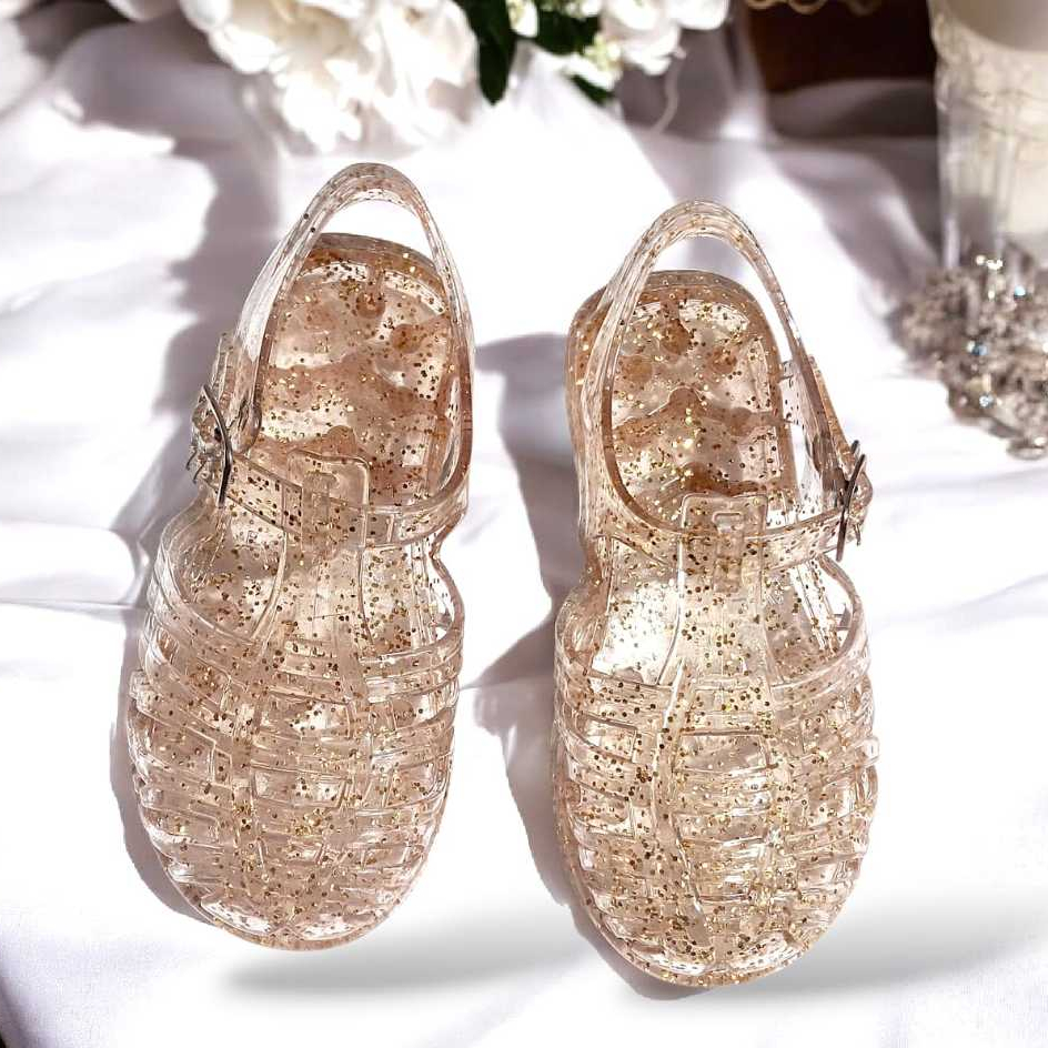 Sandália Infantil Menina Glitter Prata Arco-Íris Casual Macia Confortável Brilho Fivela Ajustável