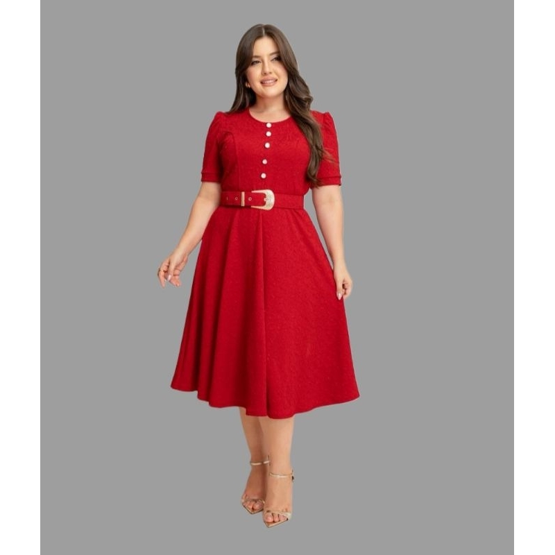 Vestido Femenino Elegante com cinto e botões saia Rodada en tecido Jacquard Texturizado — imagem 2 de 2