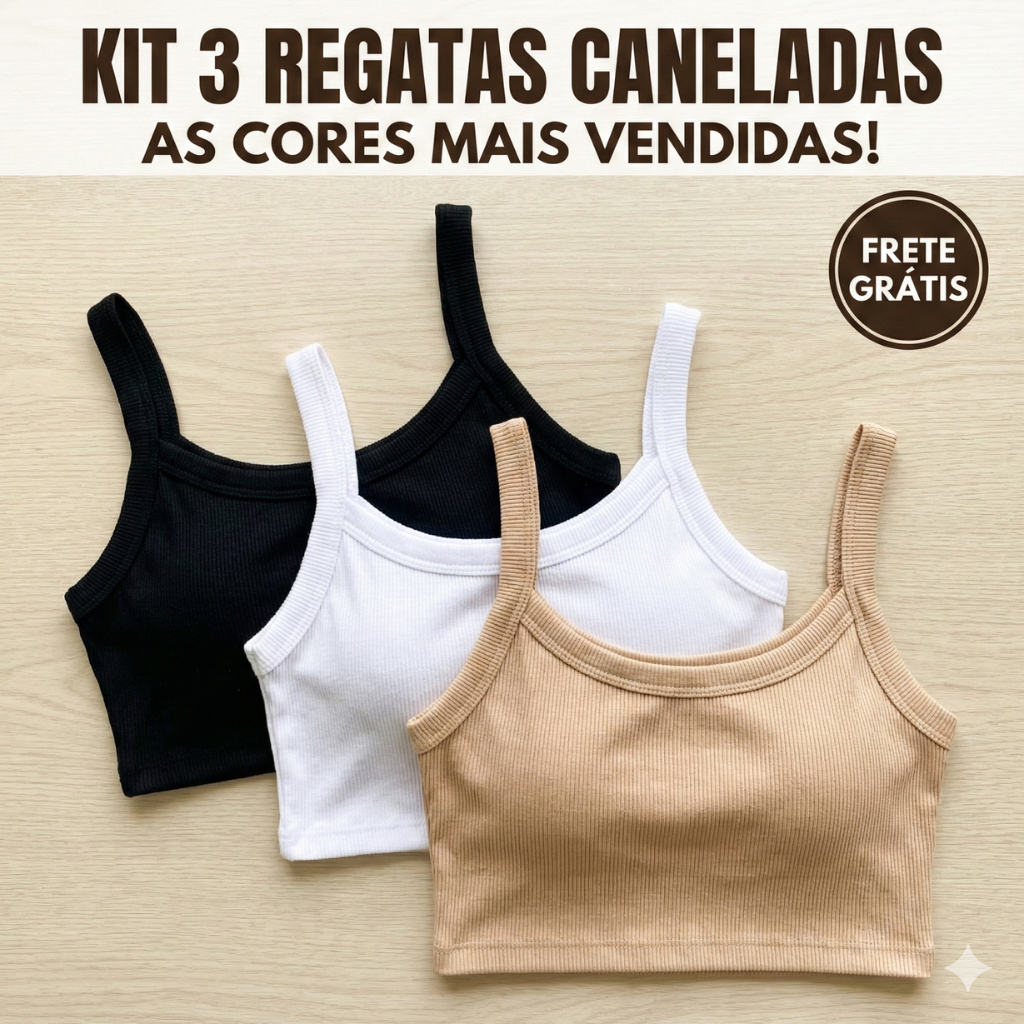 Kit 3 Blusas Regata Feminina Canelada Premium Ribana Cropped Alça Grossa - Várias Cores P/M G/GG