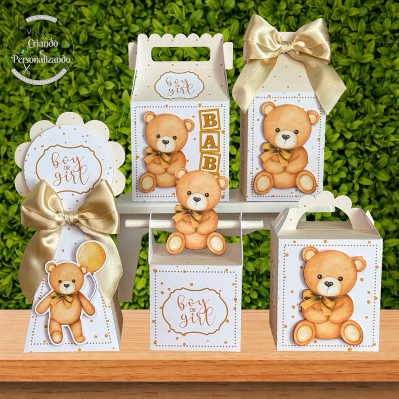 Kit Lembrancinha Chá de Bebê ou Chá Revelação  Ursinho Dourado Neutro