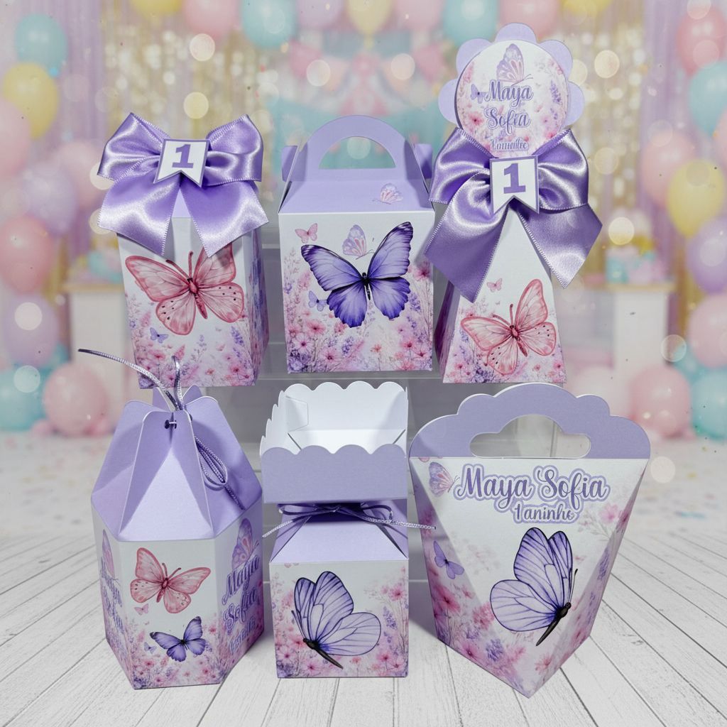 kit Caixinhas Personalizadas para Festa JARDIM ROSA E LILAS/BORBOLETAS Lembrancinhas de Aniversário DESMONTADO.