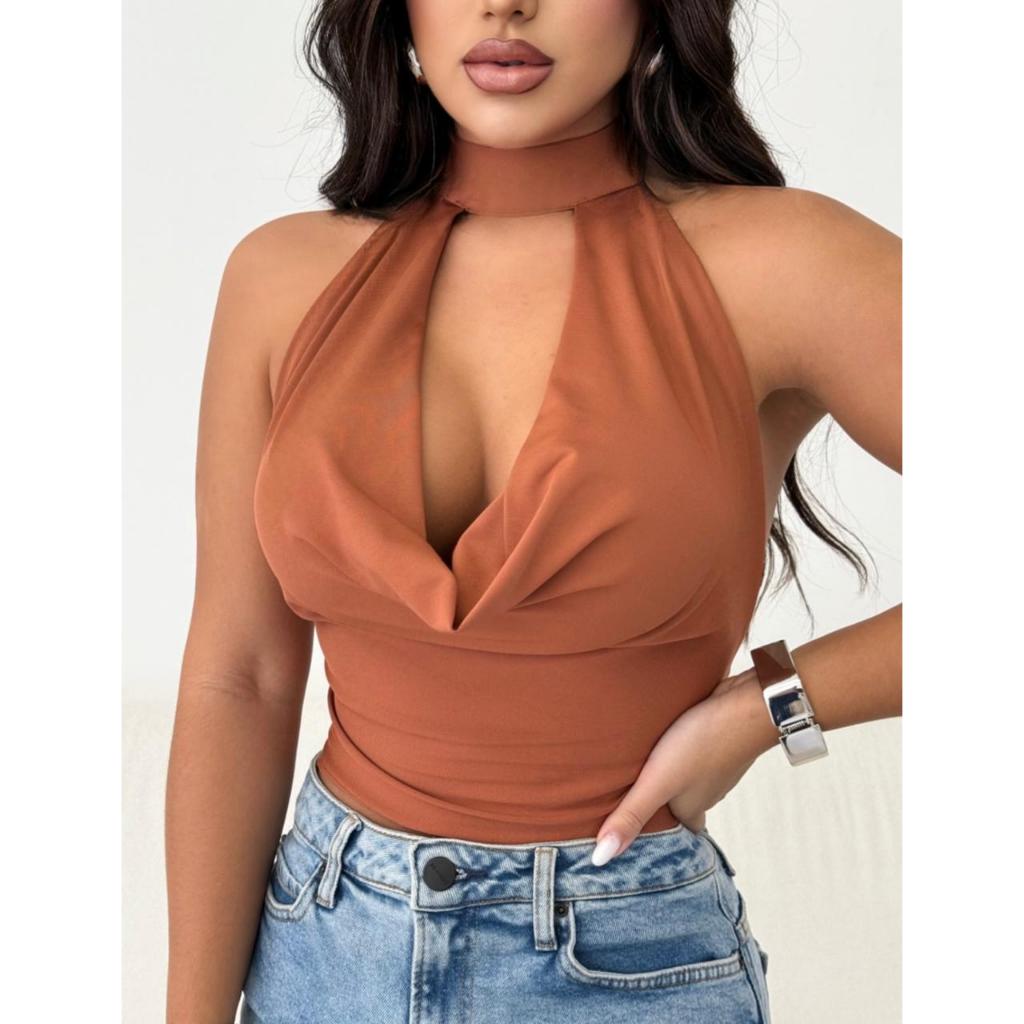 Cropped Top Feminino  Com Gola No Pescoço Tendência Verão Bojo Suplex Moda 2026