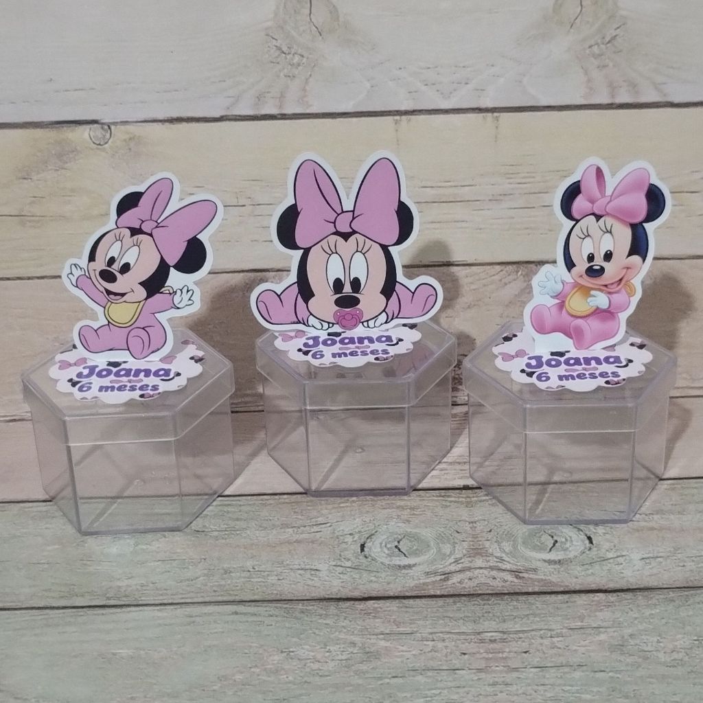 Aplique em Pé 3D Minnie Baby Festa Infantil Personalizado Nome e Idade para Decoração e Lembrancinha