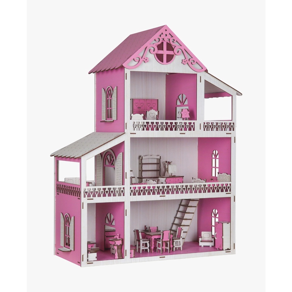 Casa de Boneca polly frente branca e meios rosa 60 cm / Com mini Móveis