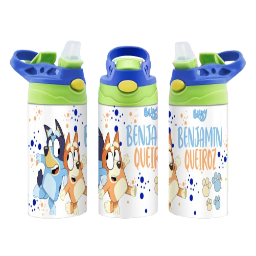 SQUEEZE GARRAFA BLUEY E BINGO PRESENTE PERSONALIZADO BLUE COM NOME OPÇÃO ALUMÍNIO OU TÉRMICA INOX LANCHEIRA ESCOLA