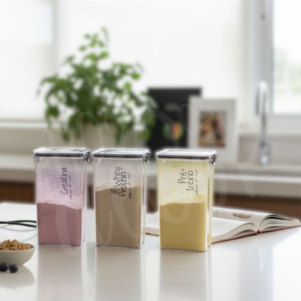 Kit Fitness Whey Protein Creatina Pré Treino | Potes Herméticos em Acrílico Empilhavel em Oferta na Shopee