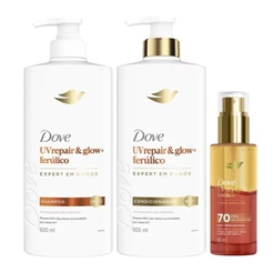 Kit Dove Uv Repair Glow Ferúlico 03 itens (Shampoo 600ml+ Condicionador 600ml+ Sérum 110ml)
