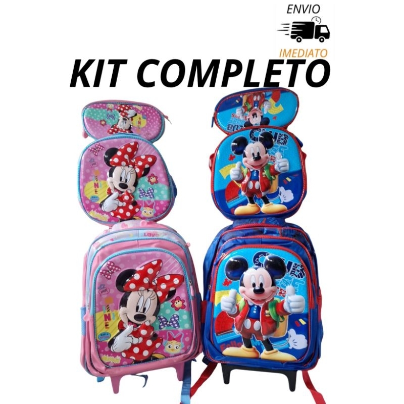 Kit Mochila Escolar 3D infantil Mickey Minnie Mochila com Carrinho Lancheira Térmica e estojo