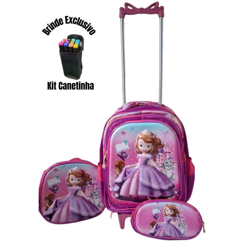 Kit Mochila Escolar Infantil 3D Princesa Sofia Mochila com Carrinho Lancheira Térmica e estojo