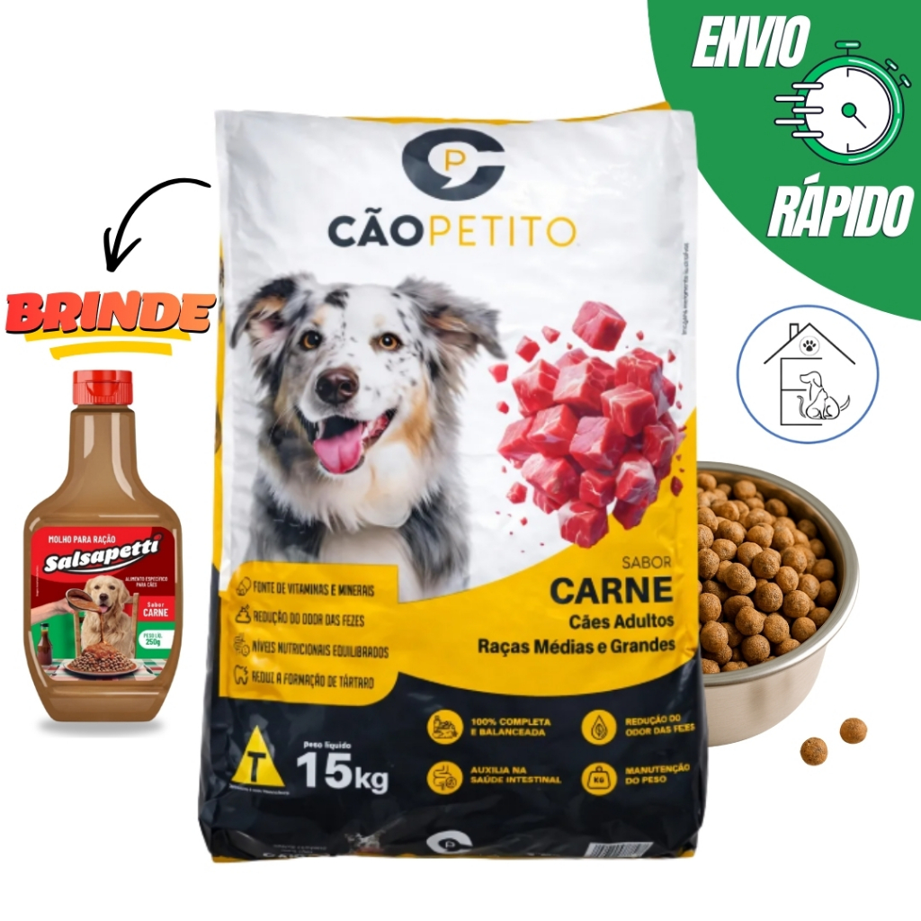 RAÇÃO CÃO PETITO ALIMENTO PARA CÃES ADULTOS 15KG SABOR CARNE + MOLHO CREMOSO SALSAPETTI 250G