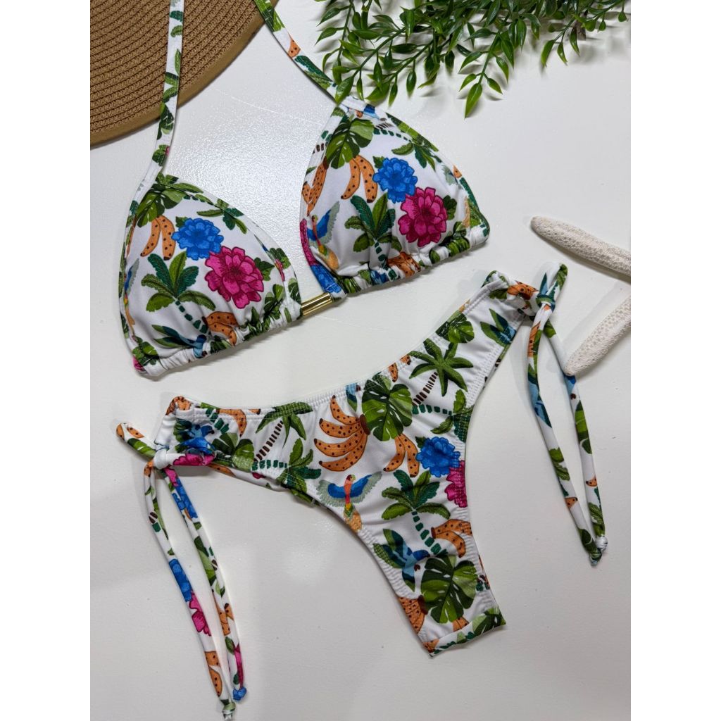 BIQUINI CORTININHA BRANCO FLORIDO COM CALCINHA DE AMARRAR