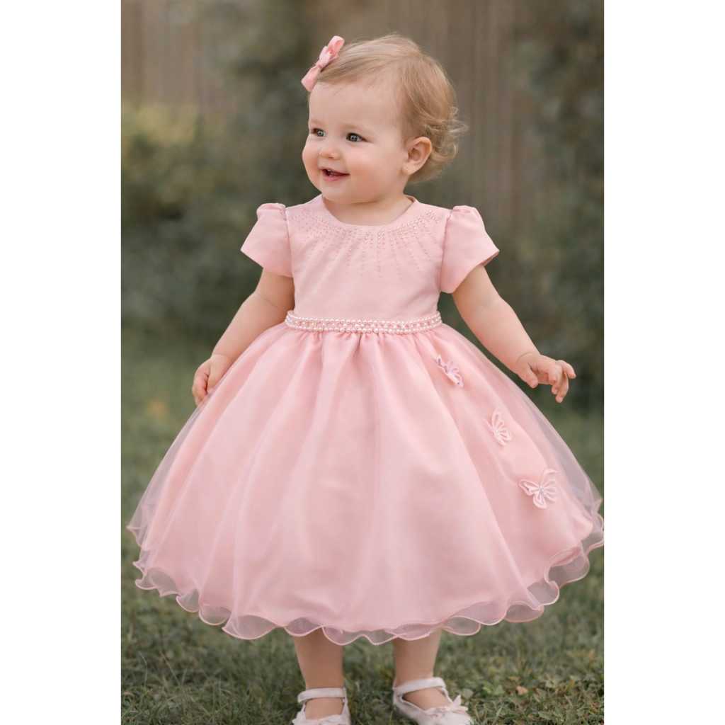 vestido infantil princesa rosa salmao em tule rodado vestido de festa luxo menina