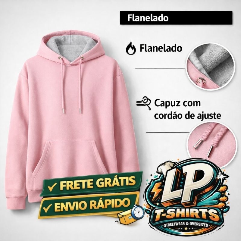 Blusa de Frio Moletom rosa bebê Basico Liso Com Capuz Com Bolsos